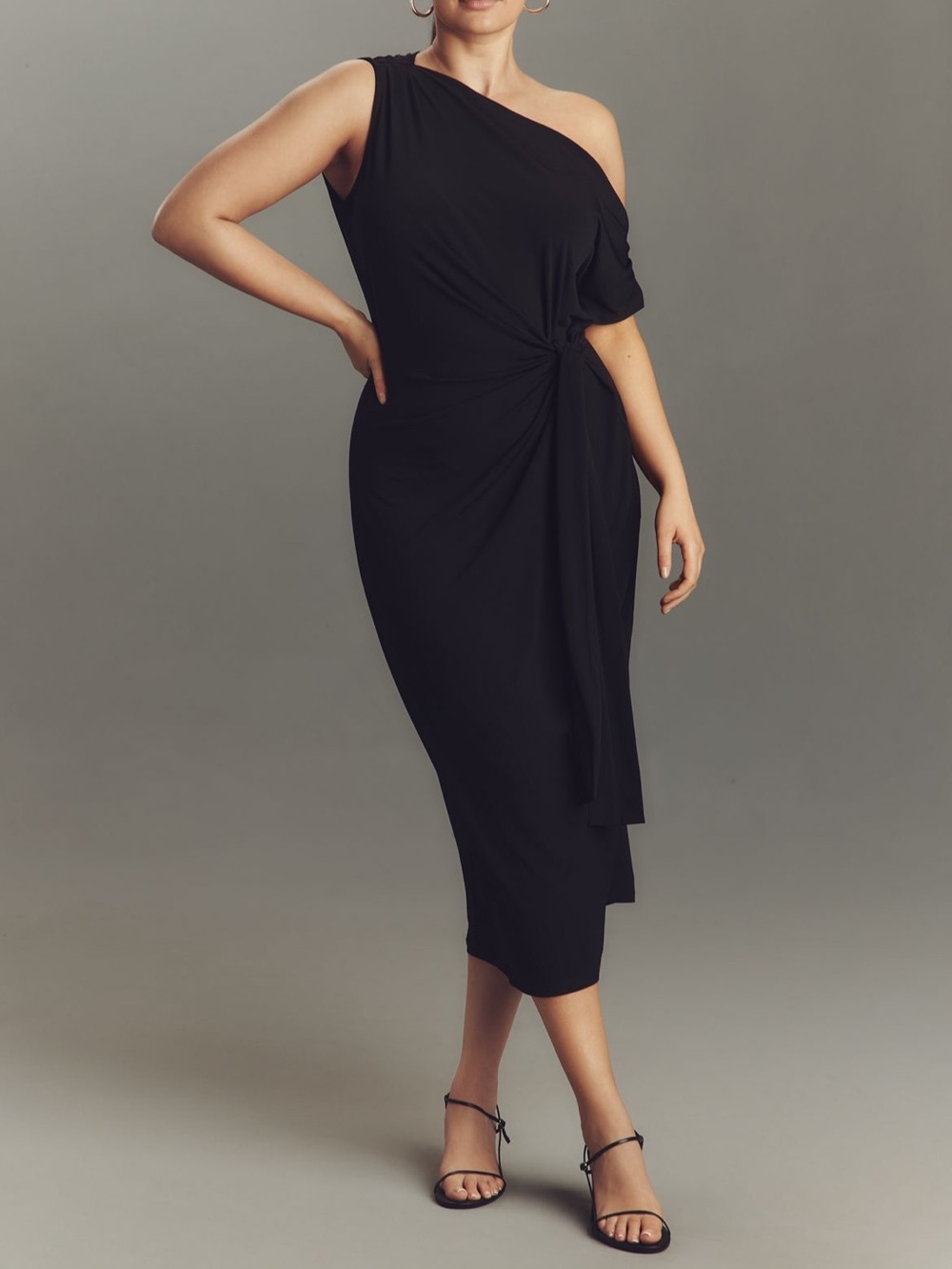 Eloqui One-Shoulder Black Knot-Detail Midi Dress